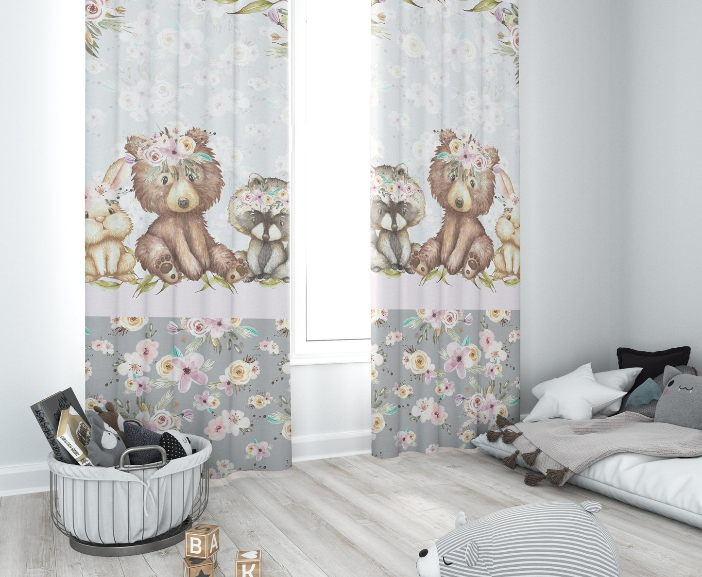 Grey Flowers with Bear Blackout Curtains