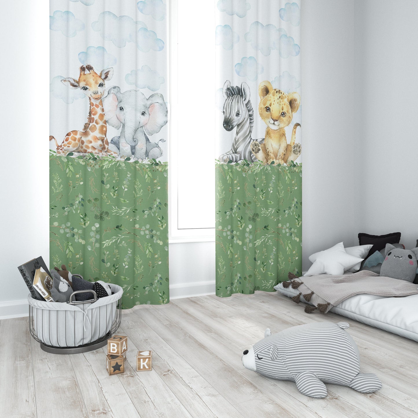 Greenery with Safari Animals Blackout Curtains