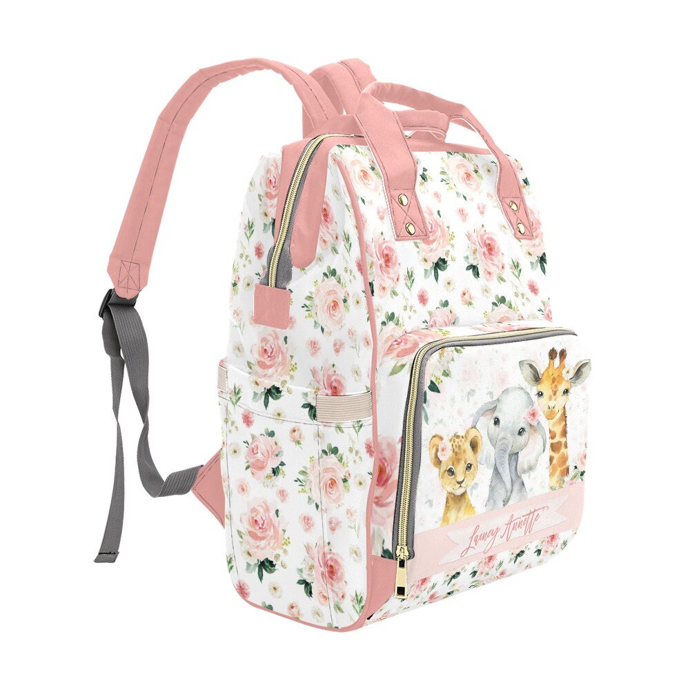 Blush Florals with Safari Animals Personalized Diaper Bag