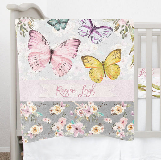 Grey Flowers with Butterflies Personalized Blanket for Girl