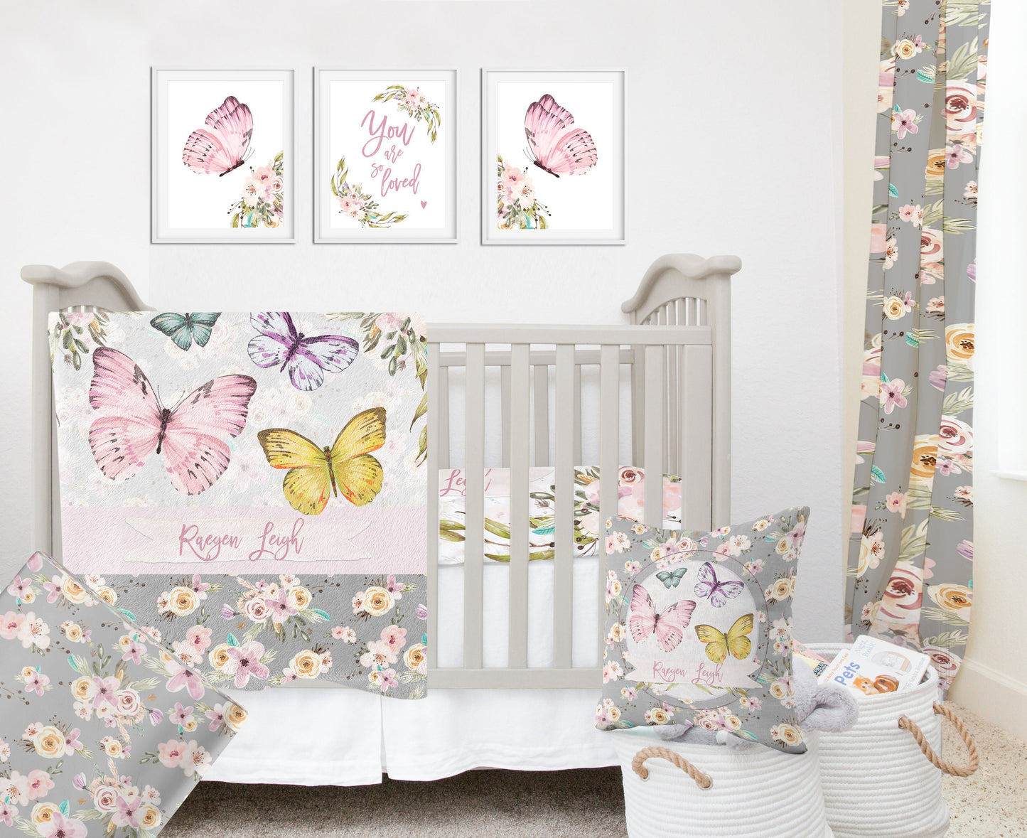 Grey Flowers with Butterflies Personalized Blanket for Girl