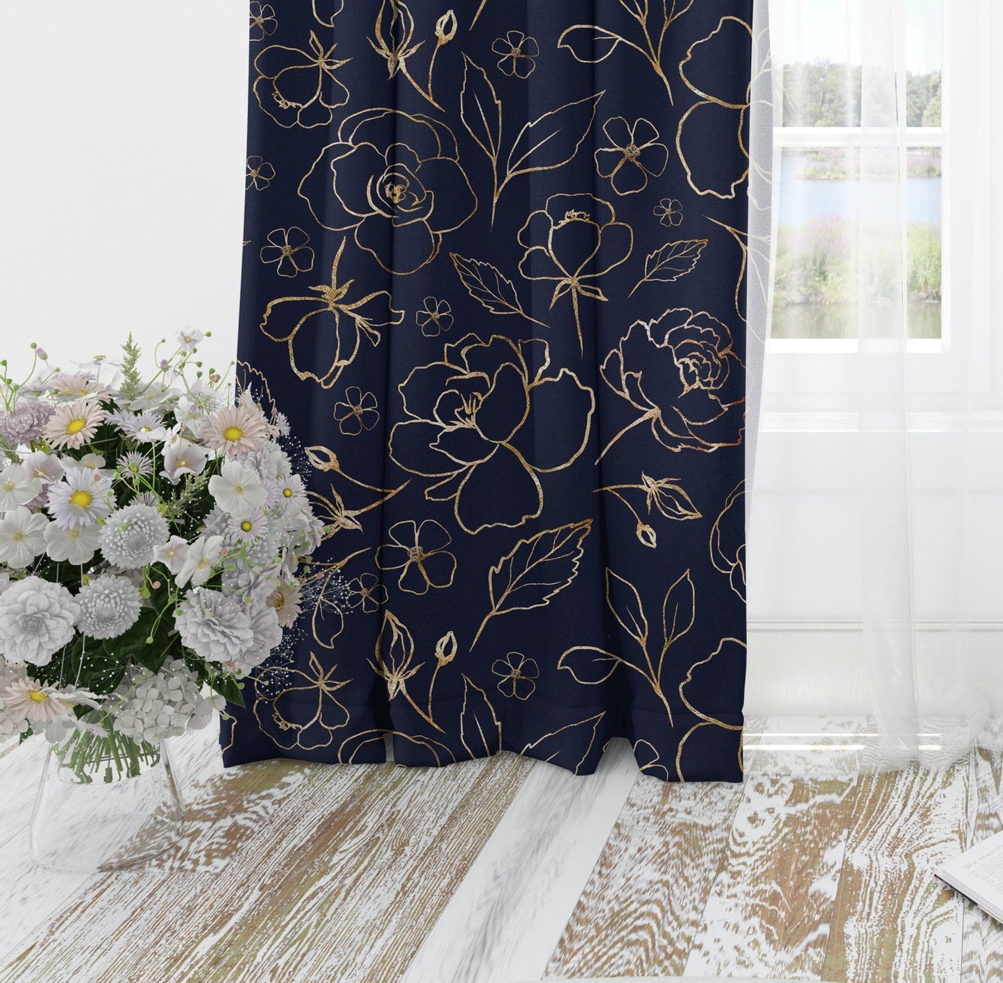 Navy Blue with Gold Roses Blackout Curtains