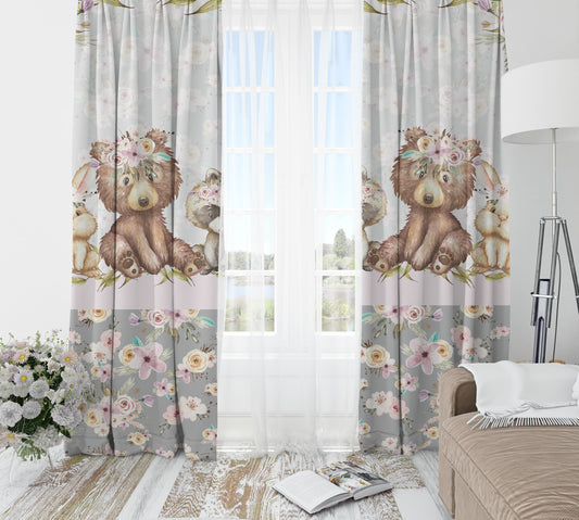 Grey Flowers with Bear Blackout Curtains