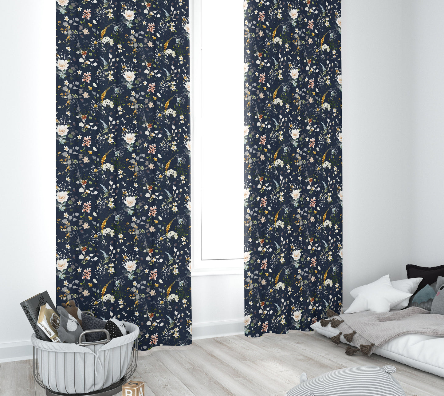 Navy Blue with White Flowers Blackout Curtains