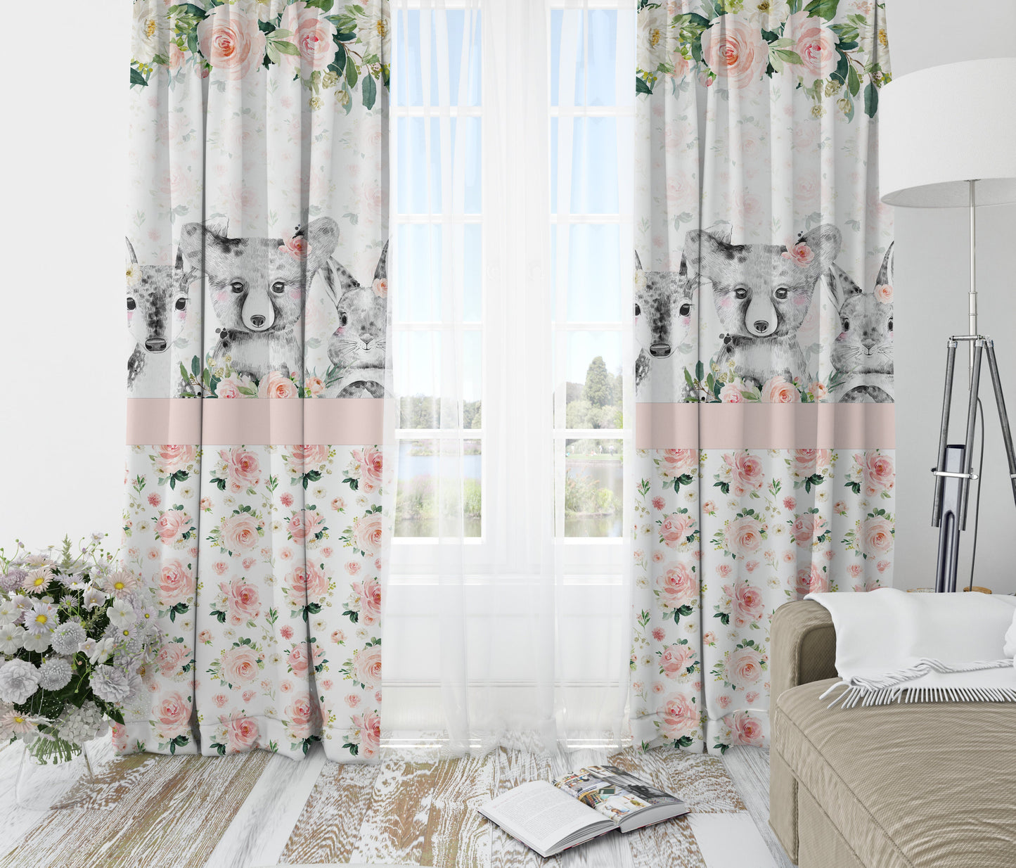 Blush Florals with Black and White Animals Blackout Curtains