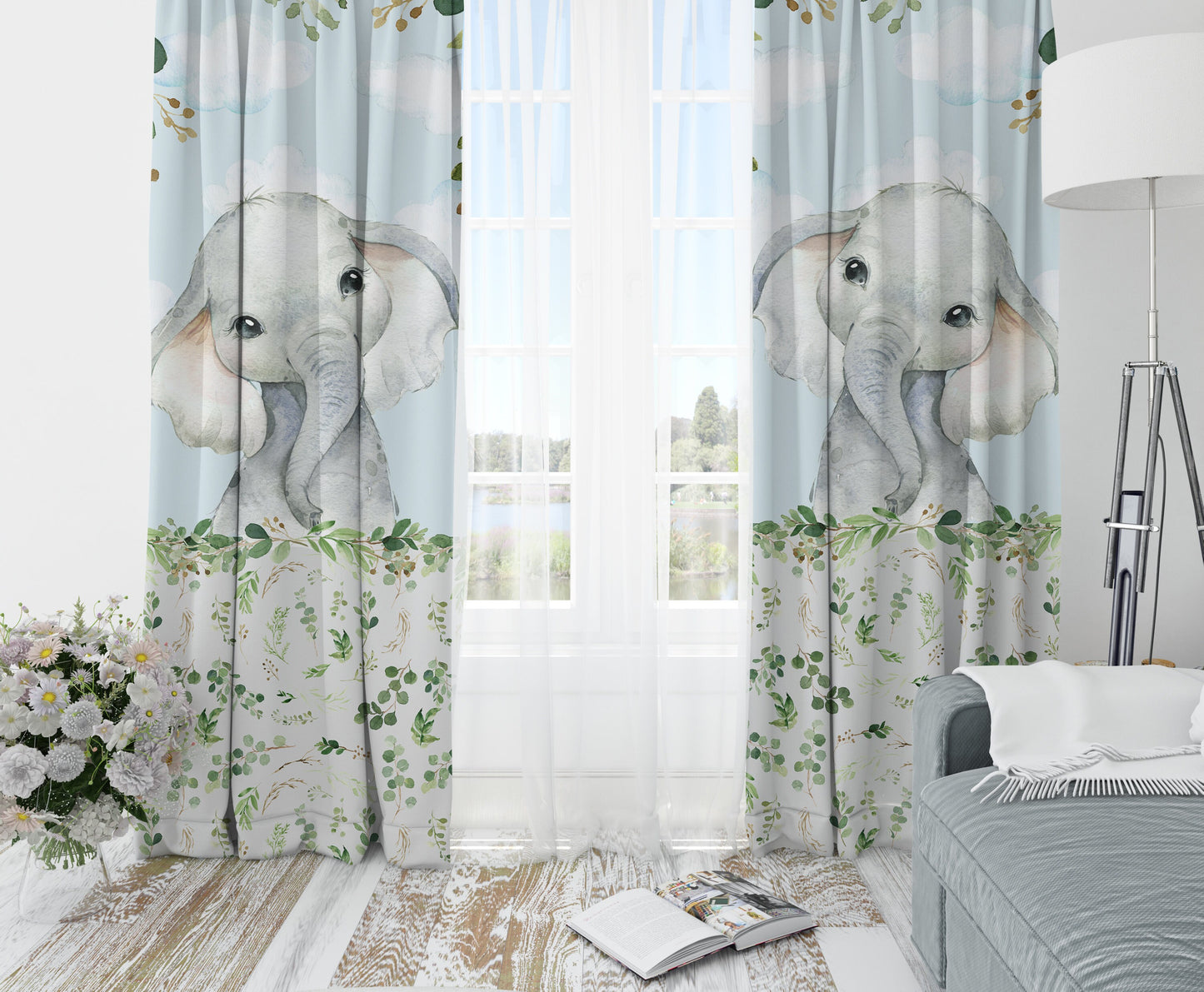 Greenery with Elephants Blackout Curtains