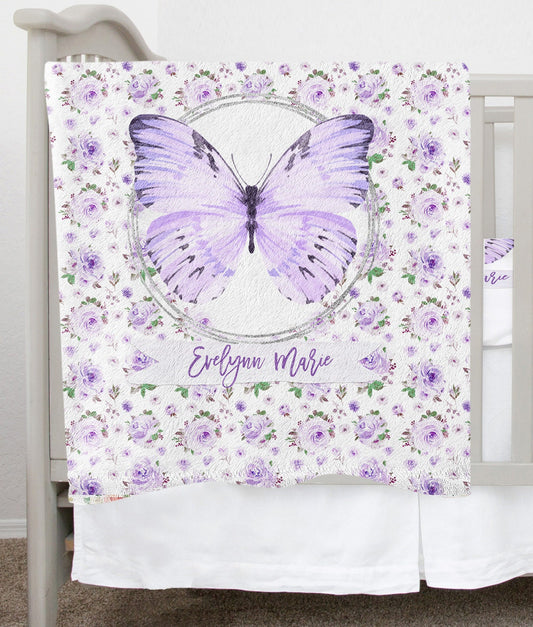 Purple Florals with Butterfly Personalized Blanket for Girl