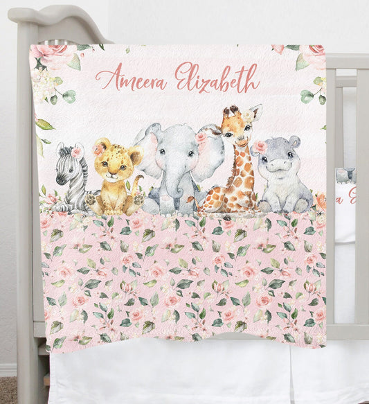 Roses Garden with Safari Babies Personalized Blanket for Girl