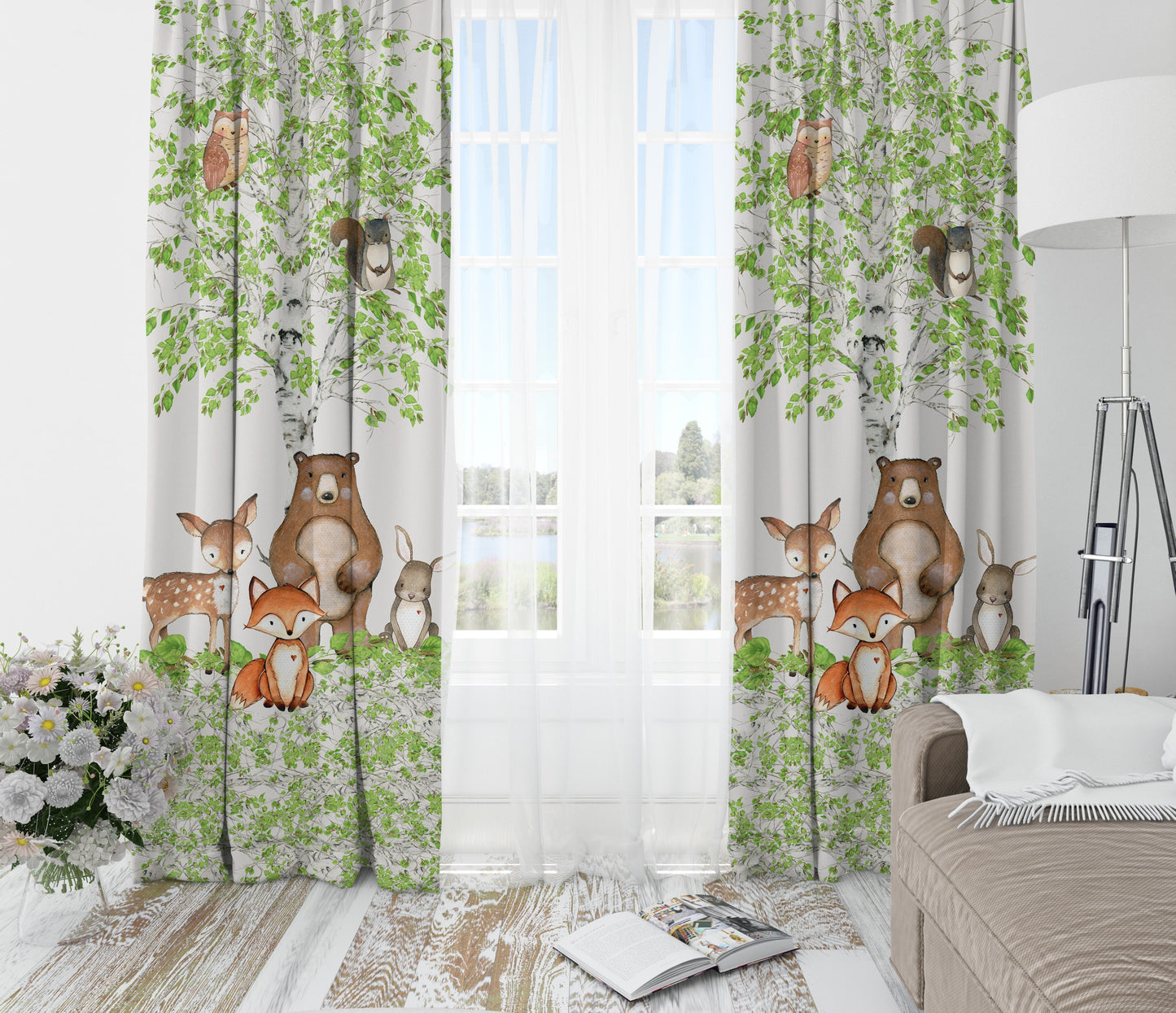 Birch Tree with Animals Blackout Curtains