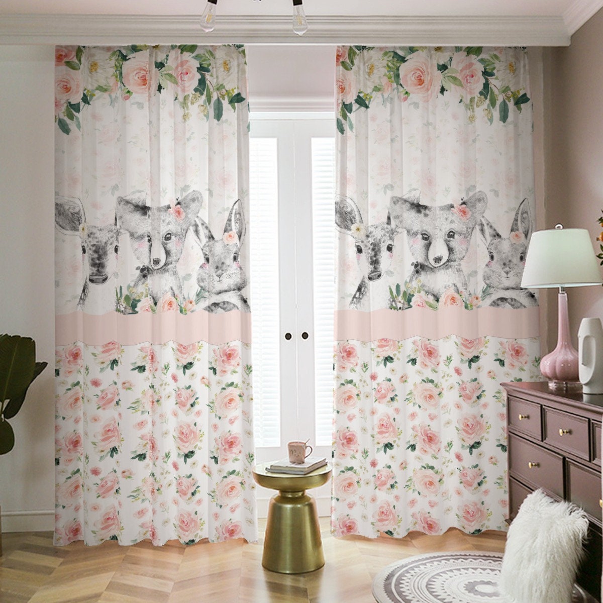 Blush Florals with Black and White Animals Blackout Curtains