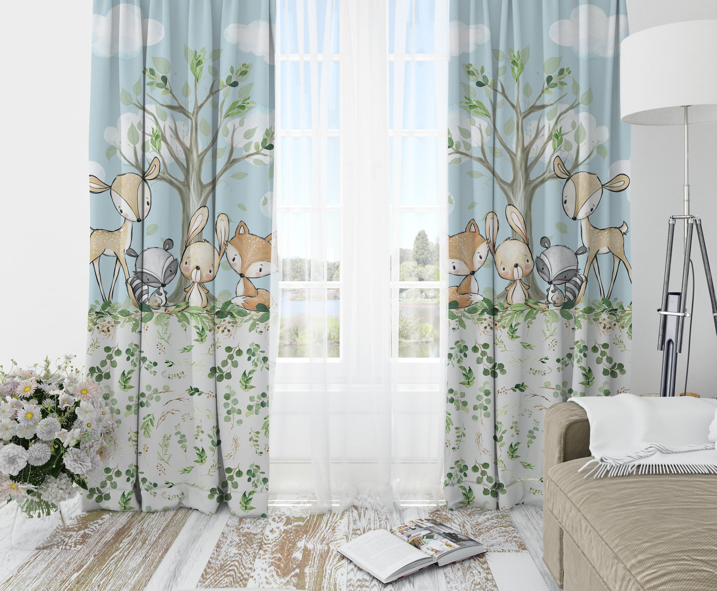 Greenery with Deer and Friends Blackout Curtains