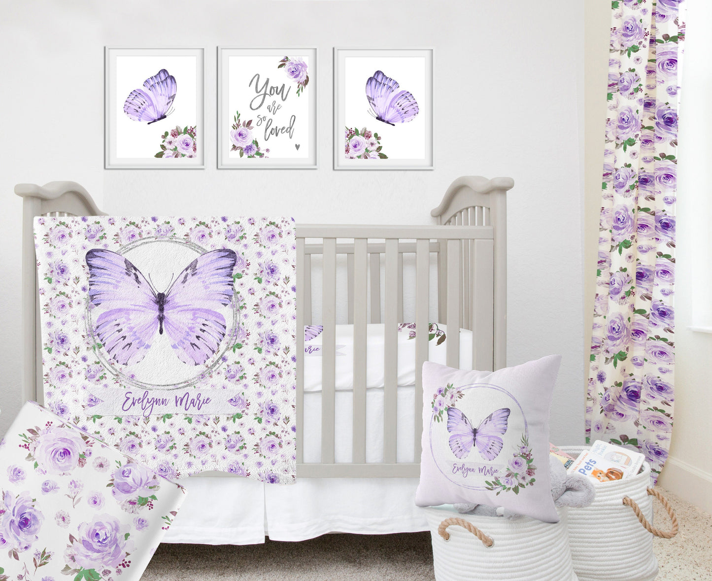 Purple Florals with Butterfly Personalized Blanket for Girl