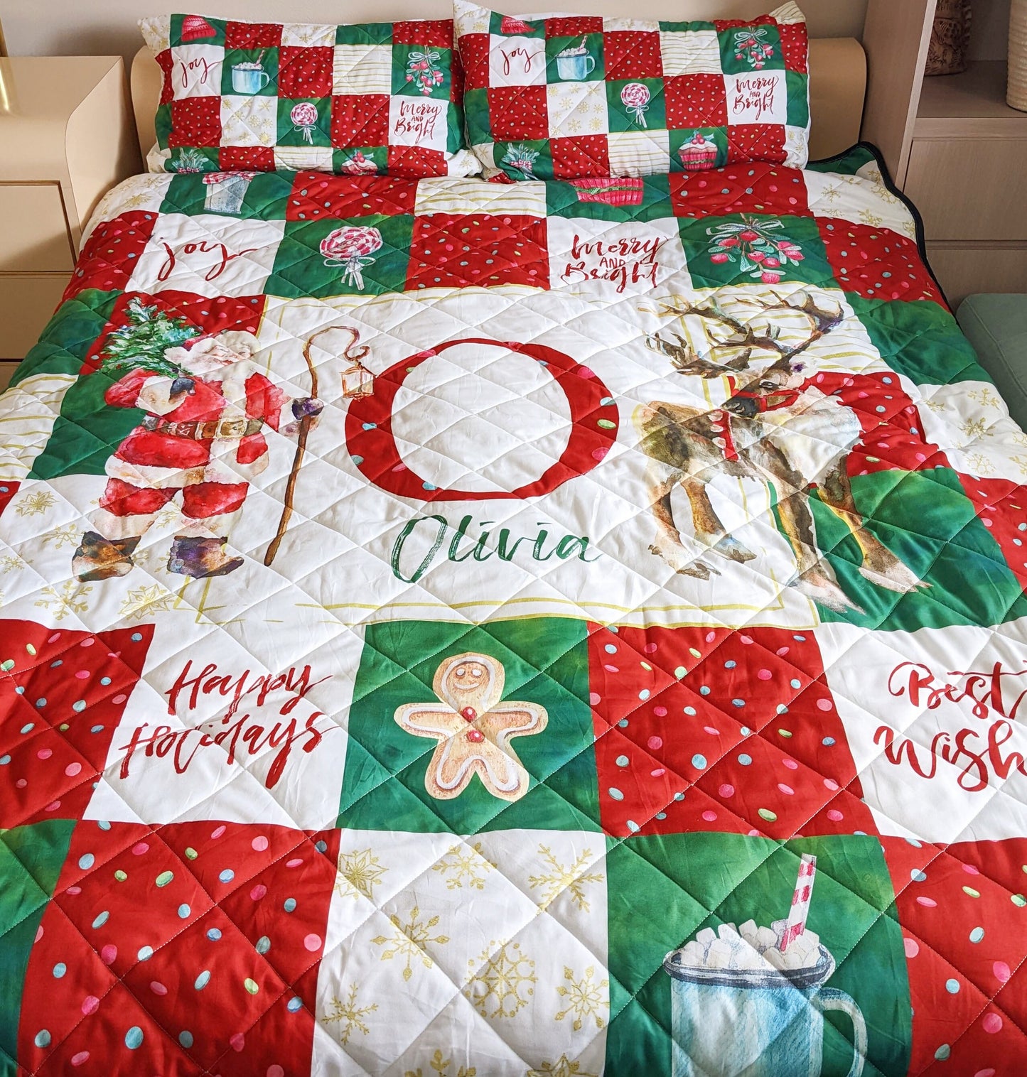 Christmas Patchwork Personalized Quilted Bedspread Set