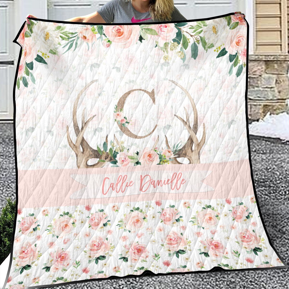 Blush Florals with Antlers Personalized Quilted Bedspread Set