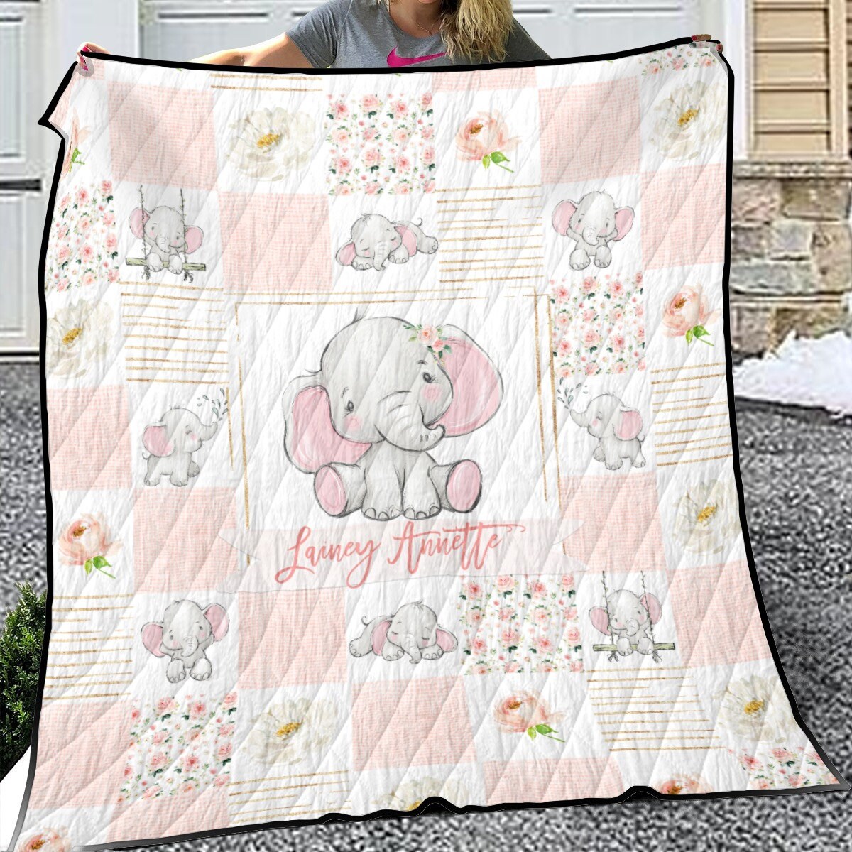 Blush Florals with Elephant Patchwork Personalized Quilted Bedspread Set