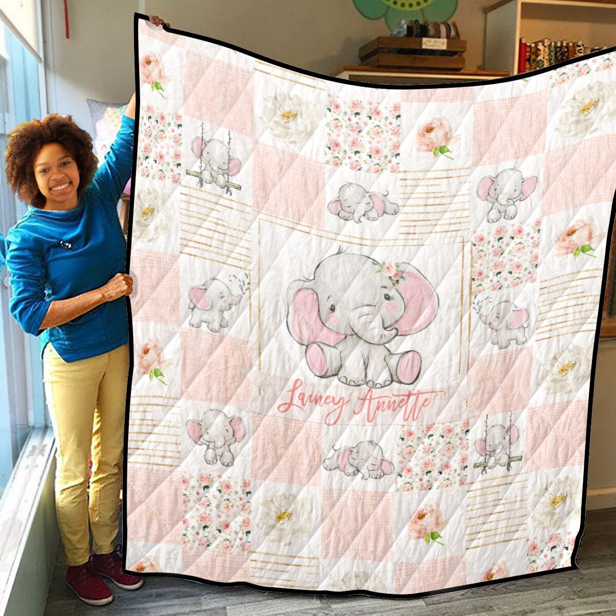 Blush Florals with Elephant Patchwork Personalized Quilted Bedspread Set