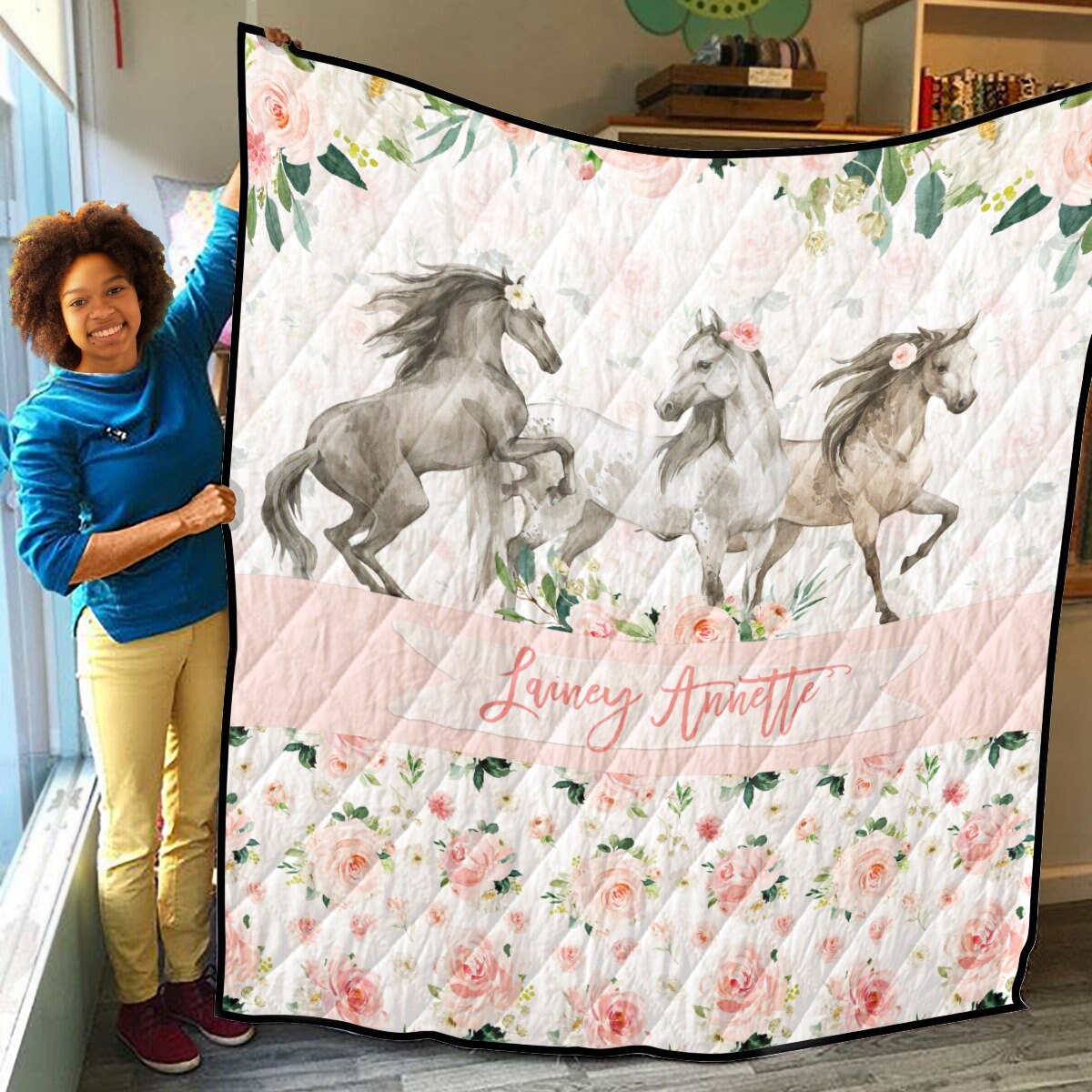 Horses Blush Florals Personalized Quilted Bedspread