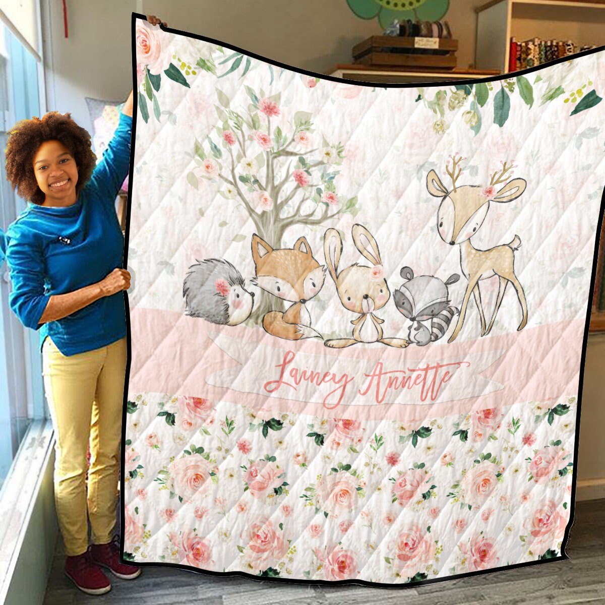 Blush Florals with Deer and Friends Personalized Quilted Bedspread Set