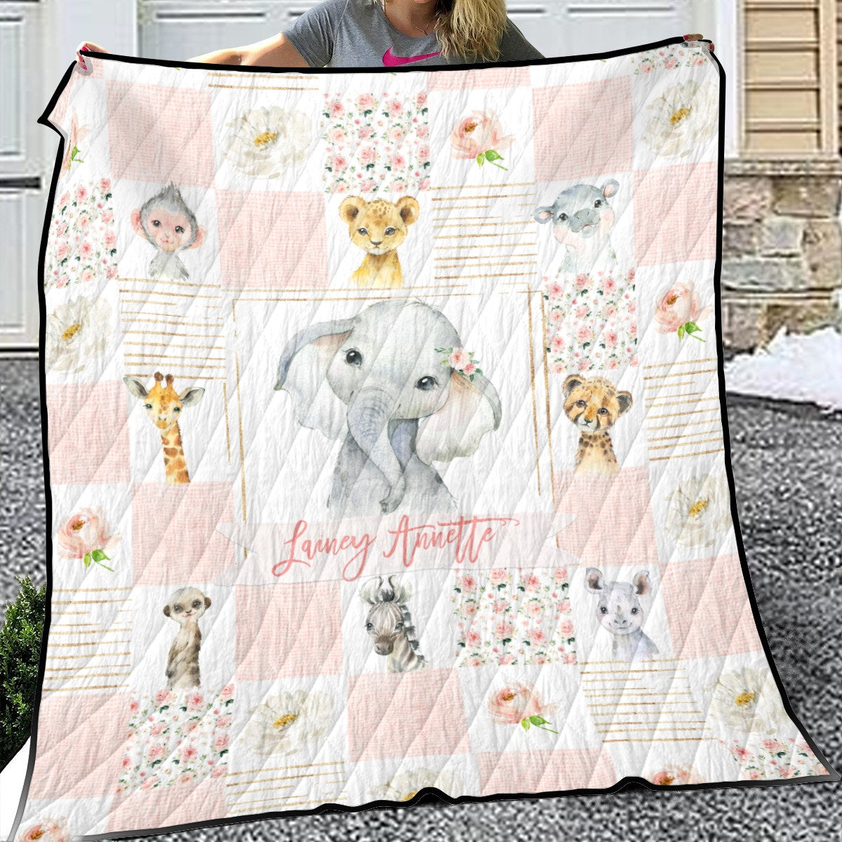 Blush Florals with Elephant Patchwork Personalized Quilted Bedspread Set