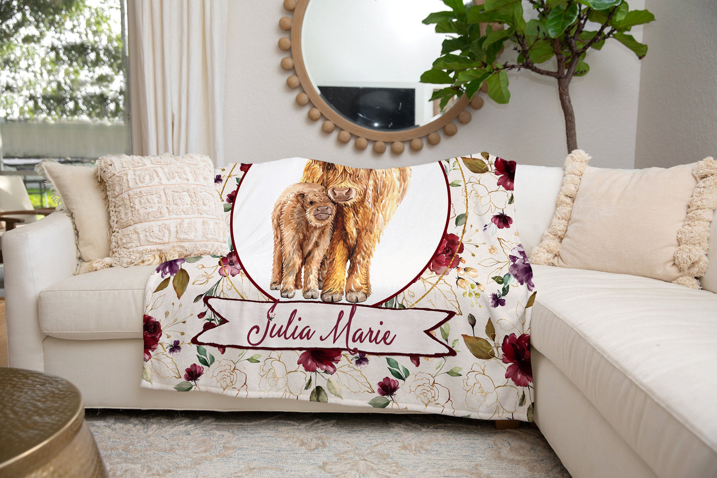 Burgundy Flowers with Highland Cow Personalized Blanket for Girl