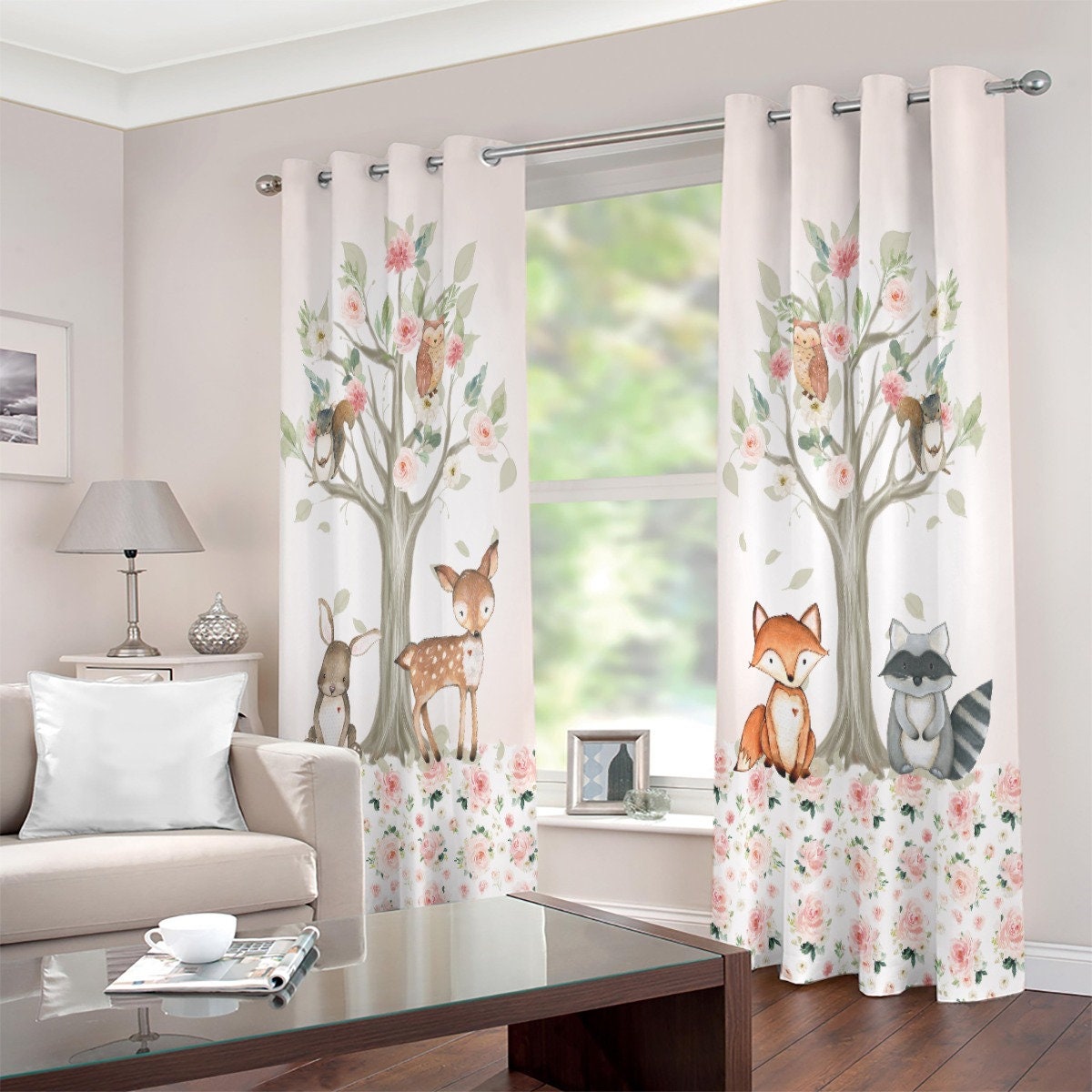 Blush Florals with Woodland Animals Blackout Curtains