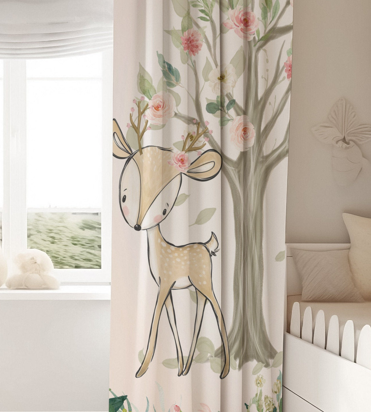 Blush Florals with Woodland Animals Blackout Curtains