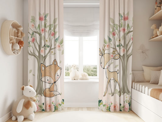 Blush Florals with Woodland Animals Blackout Curtains