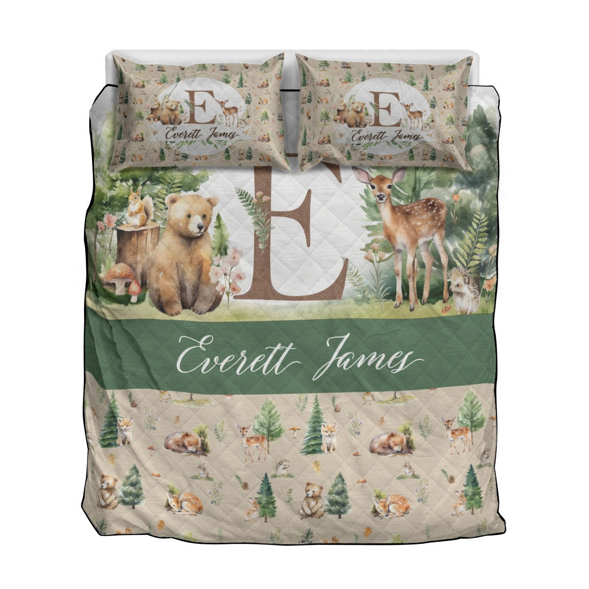 Beige Woodland Personalized Quilted Bedspread Set