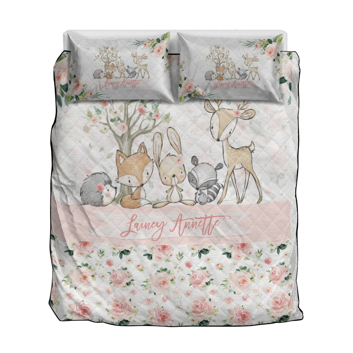 Blush Florals with Deer and Friends Personalized Quilted Bedspread Set