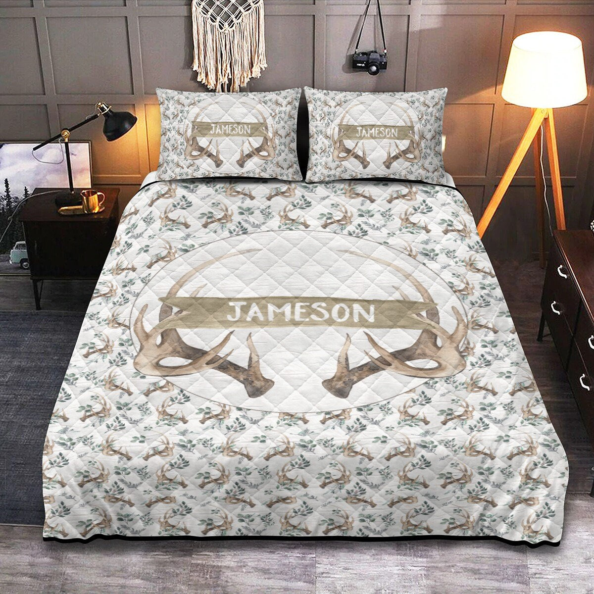 Boho Antlers Personalized Quilted Bedspread Set