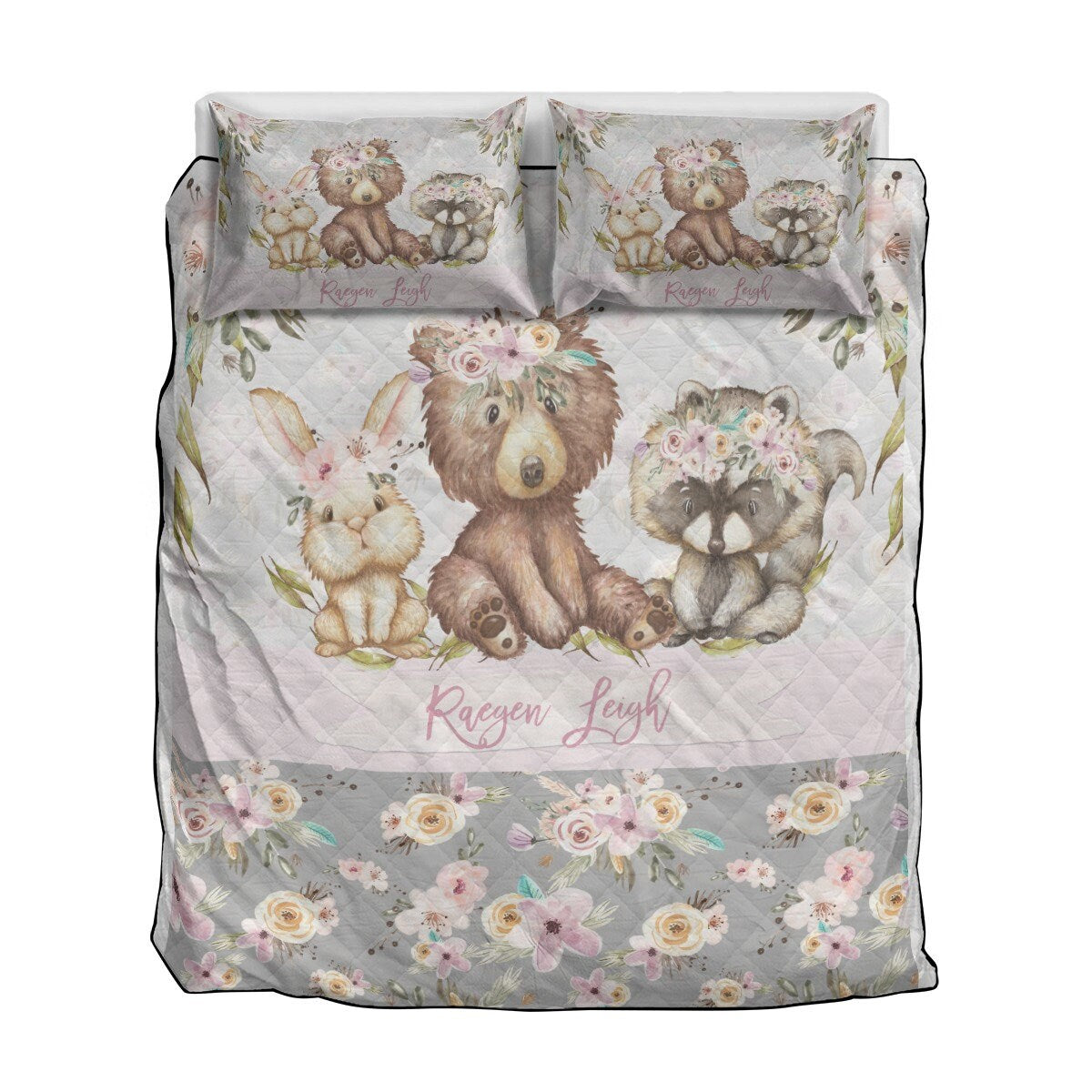 Grey Flowers with Bear Personalized Quilted Bedspread Set