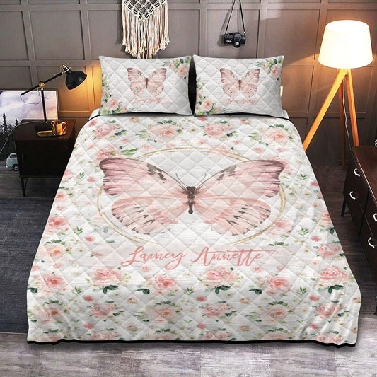 Blush Florals with Butterfly Personalized Quilted Bedspread Set