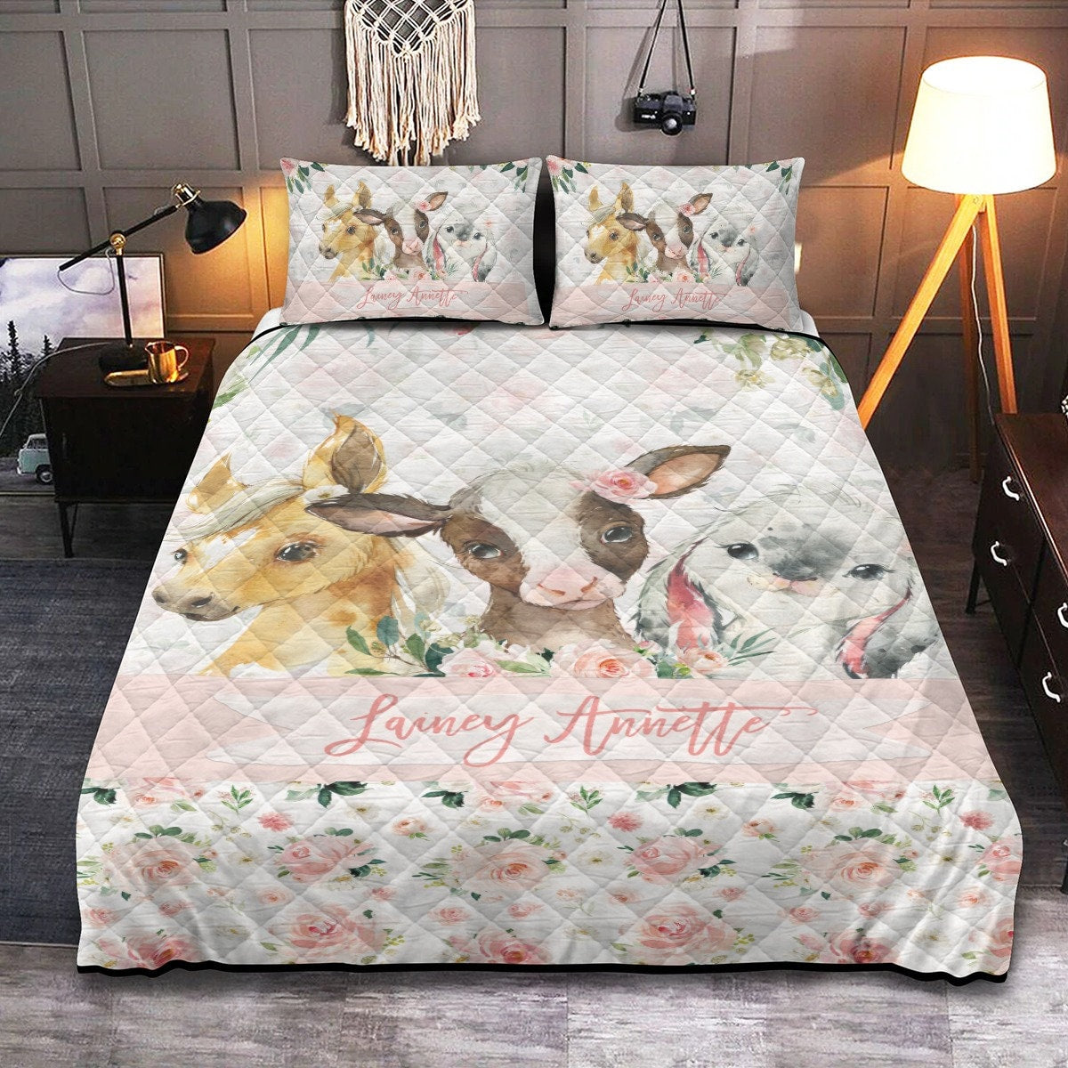 Blush Florals with Farm Animals Personalized Quilted Bedspread Set