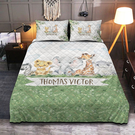 Greenery with Safari Animals Personalized Quilted Bedspread Set