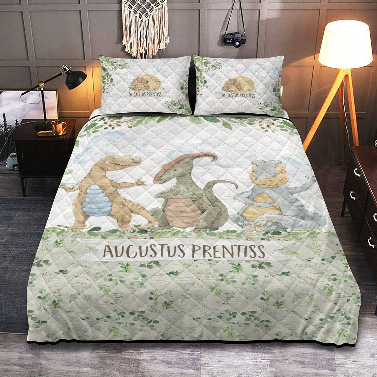 Greenery with Dinosaurs Personalized Quilted Bedspread Set