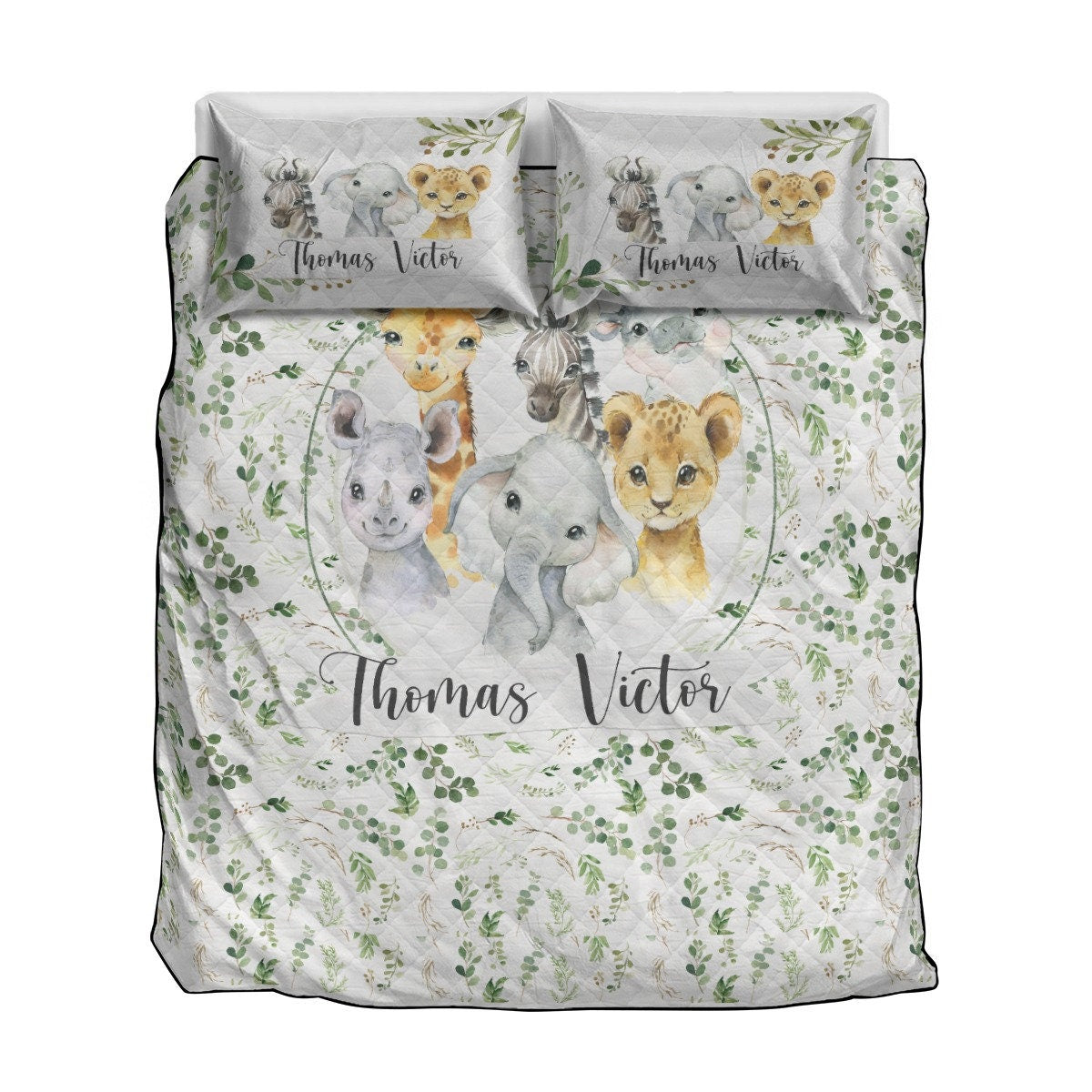 Greenery with Safari Babies Personalized Quilted Bedspread Set