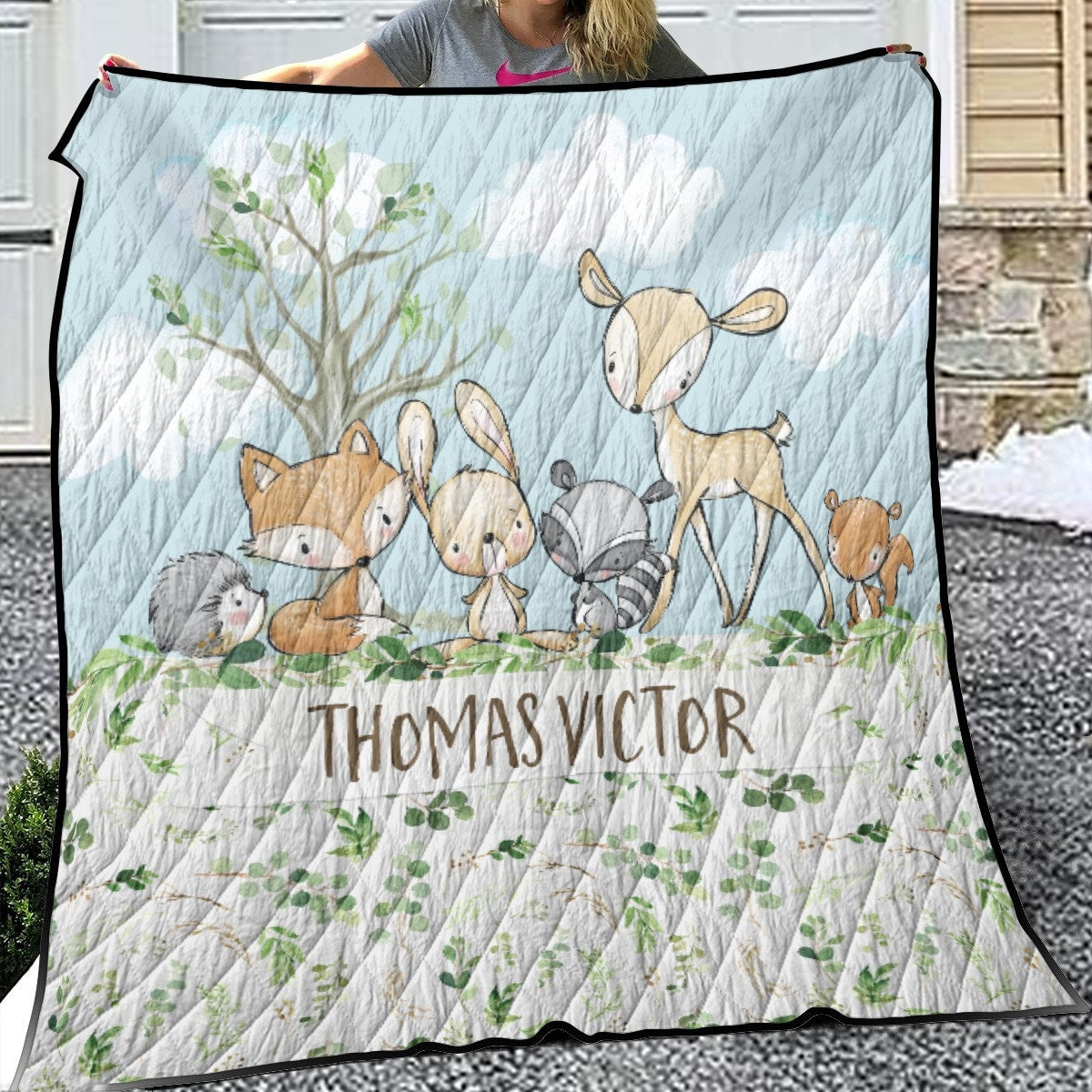 Greenery with Deer and Friends Personalized Quilted Bedspread Set