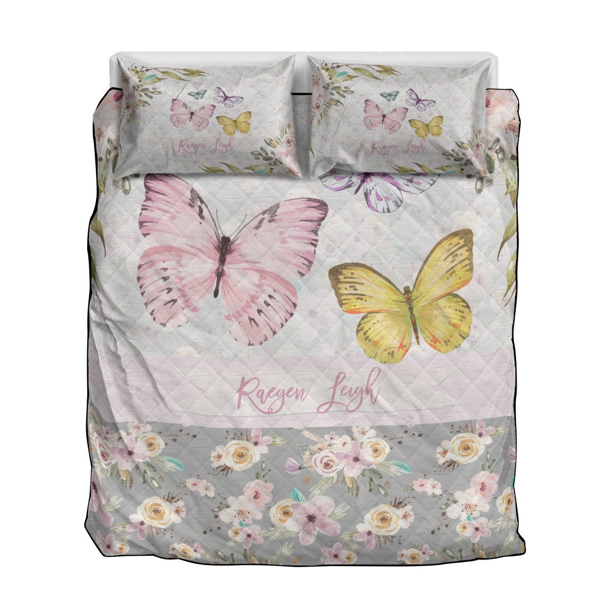 Grey Flowers with Butterflies Personalized Quilted Bedspread Set