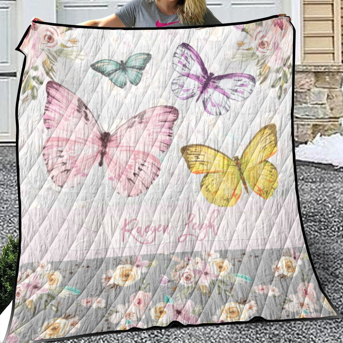 Grey Flowers with Butterflies Personalized Quilted Bedspread Set