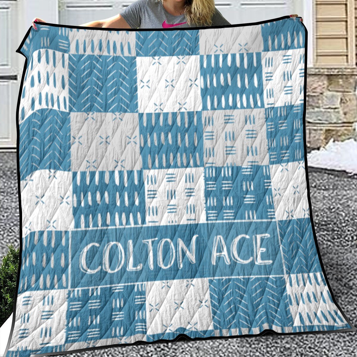 Blue Mudcloth Patchwork Personalized Quilted Bedspread Set