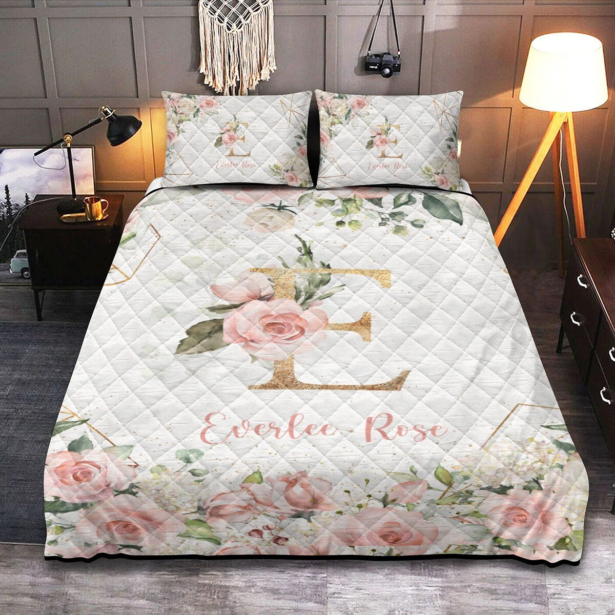 Roses Garden with Geometrics Personalized Quilted Bedspread Set