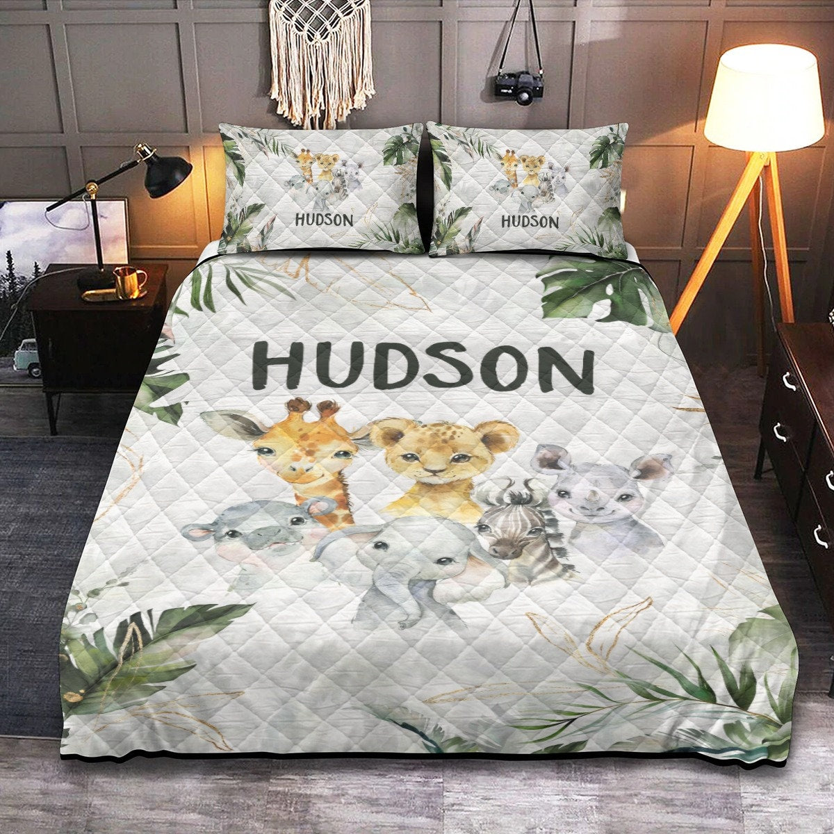 Tropical with Safari Animals Personalized Quilted Bedspread Set