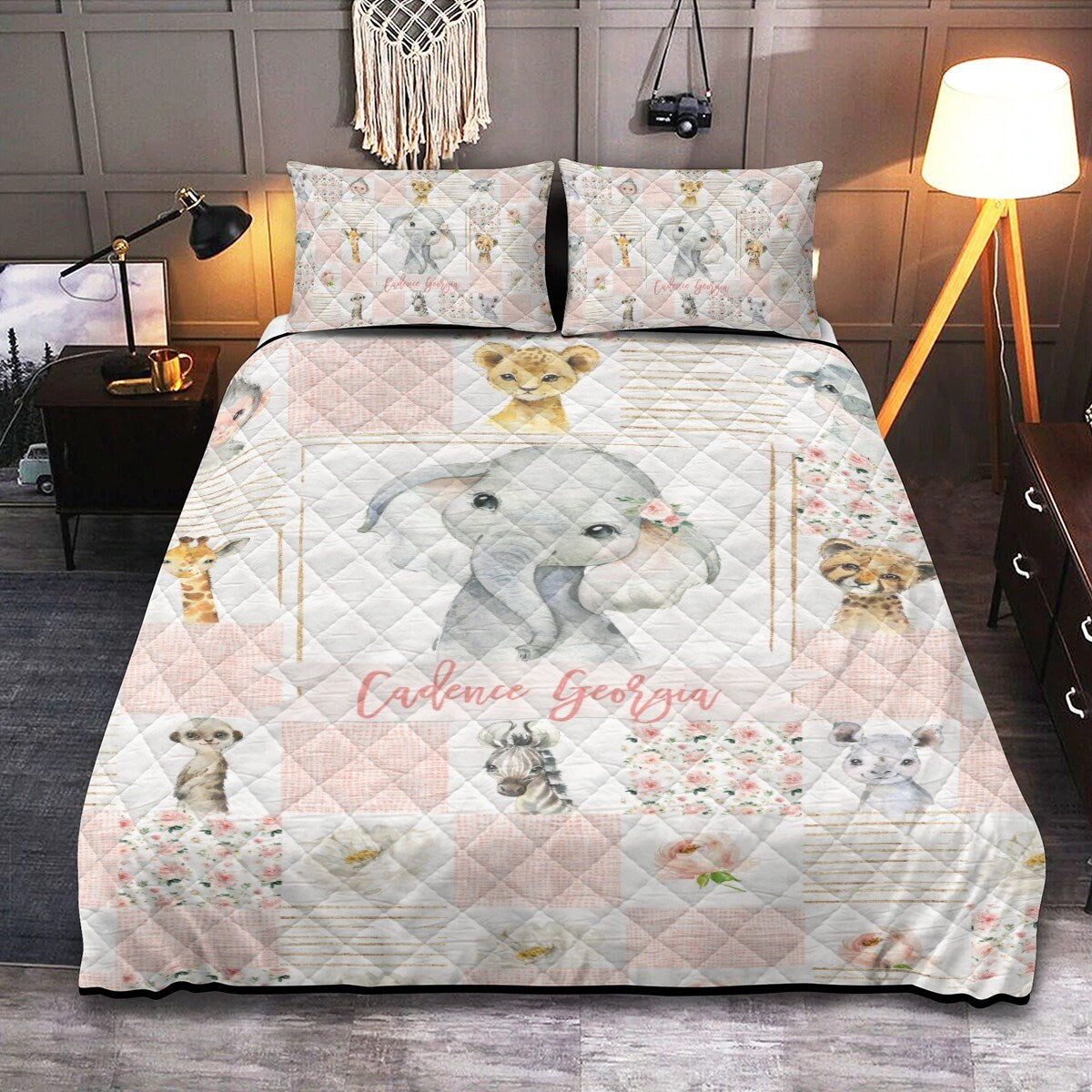 Blush Florals with Elephant Patchwork Personalized Quilted Bedspread Set