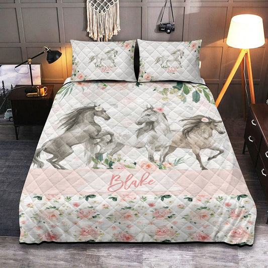 Horses Blush Florals Personalized Quilted Bedspread