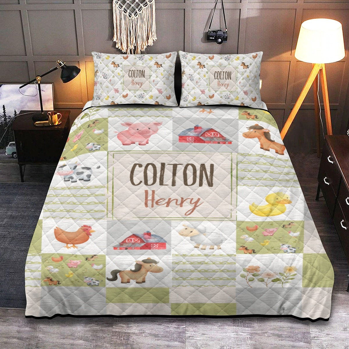 Farm Animals Patchwork Personalized Quilted Bedspread Set