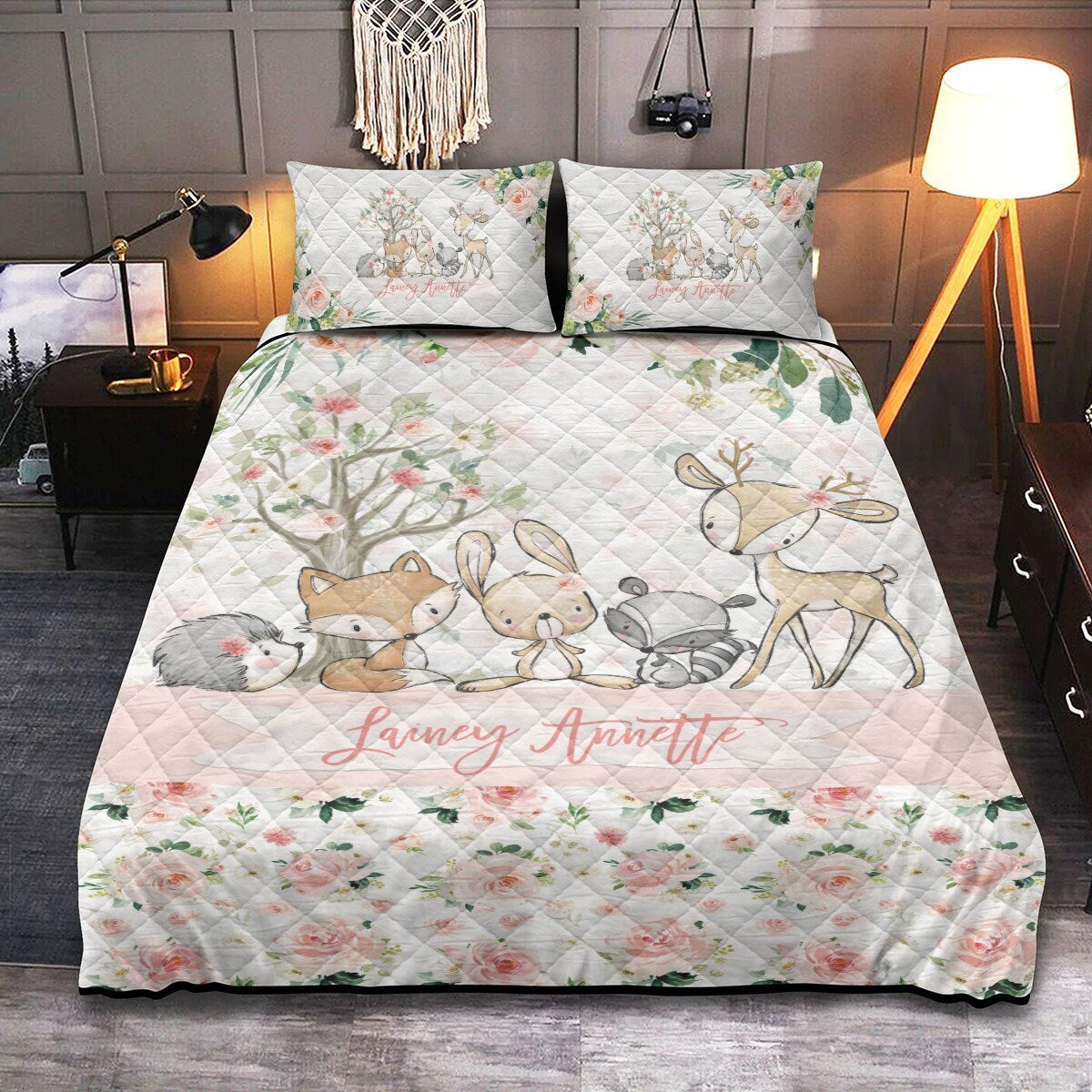 Blush Florals with Deer and Friends Personalized Quilted Bedspread Set