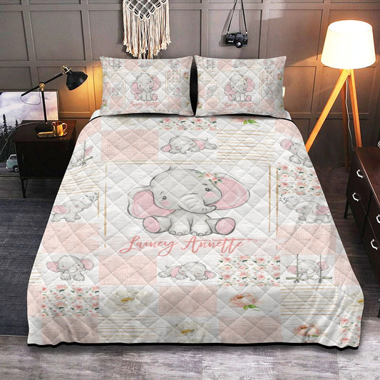 Blush Florals with Elephant Patchwork Personalized Quilted Bedspread Set