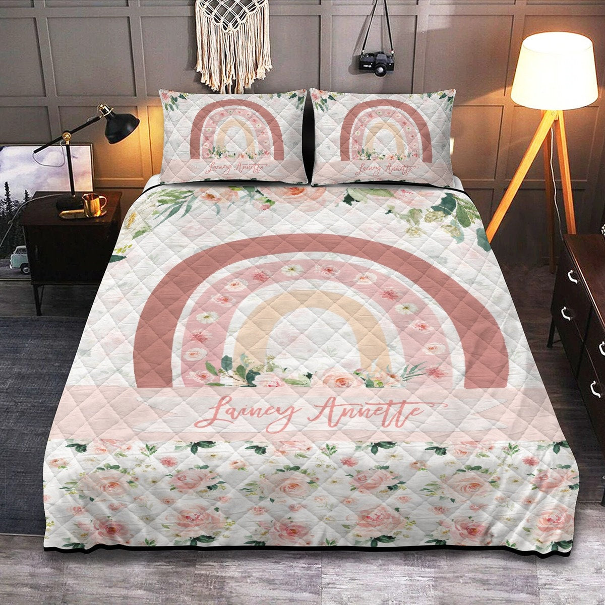 Blush Florals with Rainbow Personalized Quilted Bedspread Set