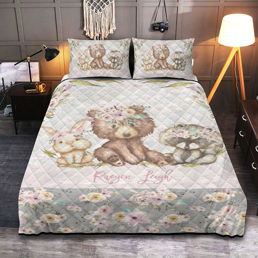 Grey Flowers with Bear Personalized Quilted Bedspread Set