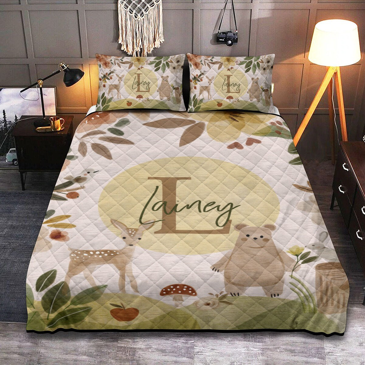 Brown Woodland Personalized Quilted Bedspread Set